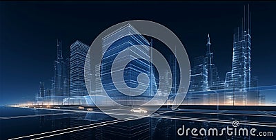 Futuristic skyline draft 3D wireframe building, vector sketch, innovative architectural visualization Stock Photo