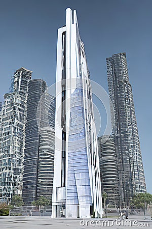 futuristic skyscraper in the middle of the old city, realistic, kids story book style, muted colors, watercolor style, Ai Cartoon Illustration