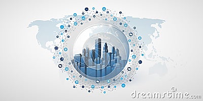 Futuristic Smart City, Cloud Computing Design Concept with Polygonal Mesh, Cluster, Nodes, Icons - Global Digital Network Vector Illustration