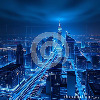 Futuristic smart city illuminated with digital networks, AI automation, and data-driven urban technological evolution Stock Photo