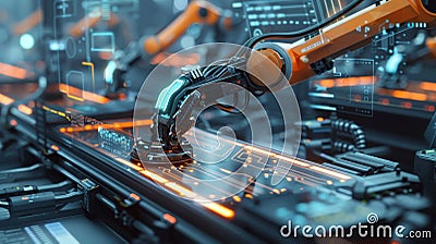 Futuristic smart factory with robotic arms and holographic interfaces showcasing advanced automation Stock Photo