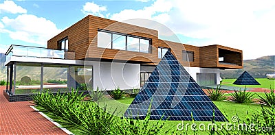 A futuristic solar power plant in the form of a photovoltaic pyramid, inside of which there are lithium-ceramic batteries with a Stock Photo