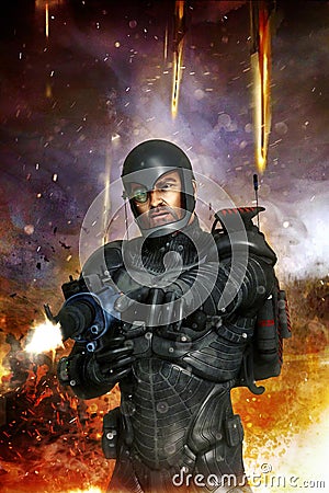 Futuristic soldier in combat Cartoon Illustration