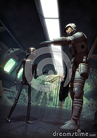 Futuristic soldier and droid Stock Photo