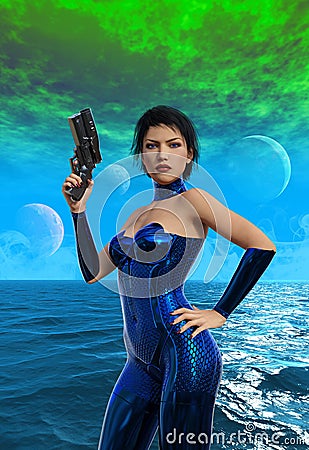 Futuristic soldier with gun on alien planet with sea, 3d illustration Cartoon Illustration