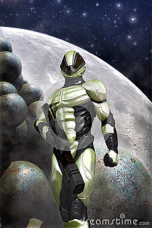 Futuristic soldier and moon Cartoon Illustration