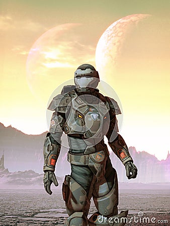 Futuristic soldier and moons Stock Photo