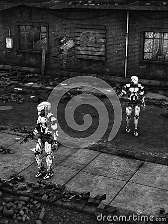 Futuristic soldier robots in ruined city. Stock Photo