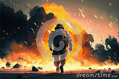 futuristic soldier running away from giant explosion, digital art style, cartoonish Cartoon Illustration