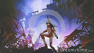 Futuristic soldier woman in the dystopian world Cartoon Illustration