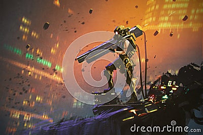 Futuristic soldier in yellow suit with gun Cartoon Illustration