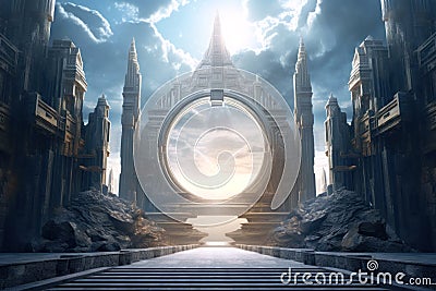Futuristic space composition with a round portal in the middle Stock Photo
