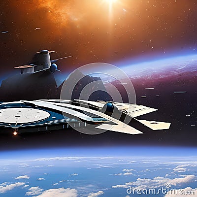1623 Futuristic Space Exploration: A futuristic and sci-fi-inspired background featuring space exploration, spaceships, and a se Stock Photo