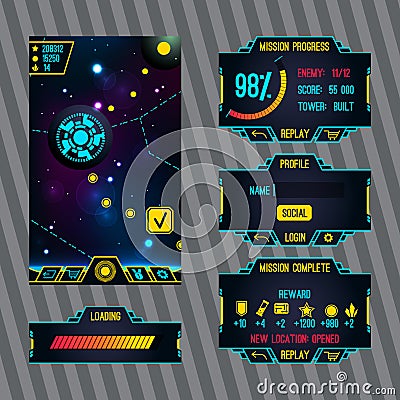 Futuristic space game interface with screen Vector Illustration