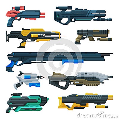 Futuristic Space Guns Blasters Collection, Fantastic Handguns, Alien Weapon Vector Illustration Vector Illustration