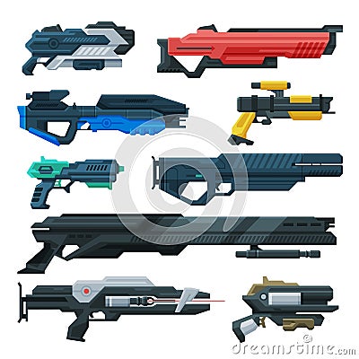 Futuristic Space Guns Blasters Collection, Fantastic Handguns, Rayguns of Alien, Childish Pistols Vector Illustration Vector Illustration