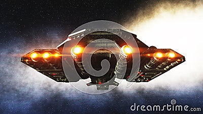 Futuristic space ship in . Earth planet wonderfull view. realistic metal surface . 3d rendering. Stock Photo