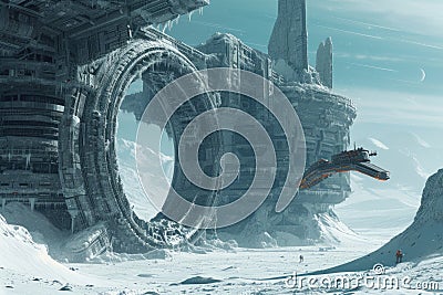 Futuristic Space Station on Icy Planet. Resplendent. Stock Photo