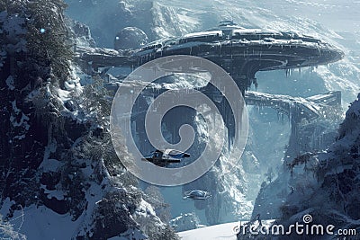 Futuristic Space Station on Icy Planet. Resplendent. Stock Photo