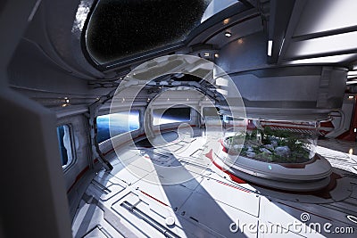 Futuristic space station interior overlooking a planet with a center atrium. Stock Photo