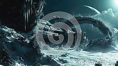 Futuristic Space Station on Icy Planet. Resplendent. Stock Photo