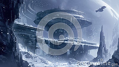 Futuristic Space Station on Icy Planet. Resplendent. Stock Photo