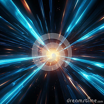 Futuristic space tunnel Neon blue warp jump beams accelerate through stars Stock Photo