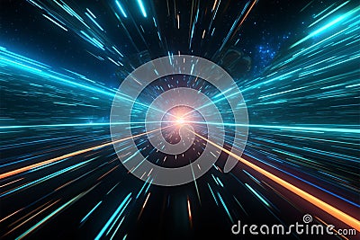 Futuristic space tunnel Neon blue warp jump beams accelerate through stars Stock Photo