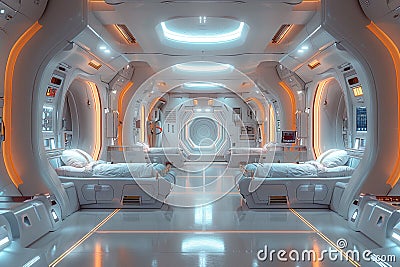 Futuristic spacecraft interior with sleep pod. Sleekdesign for cosmonaut habitat Stock Photo