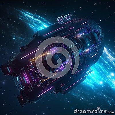 Futuristic Spacecraft Traveling through a Neon-Lit Nebula Stock Photo