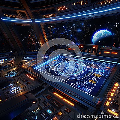 Futuristic Spaceship Bridge Control Console with Interactive Displays Stock Photo