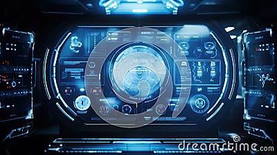 Futuristic spaceship control panel interface. Spacecraft digital dashboard background with indicators and tools. Space Stock Photo