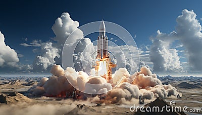 Futuristic spaceship explores galaxy, fueled by nature fire and progress generated by AI Stock Photo