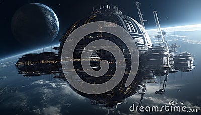 Futuristic spaceship explores galaxy, orbiting planet at night generated by AI Stock Photo