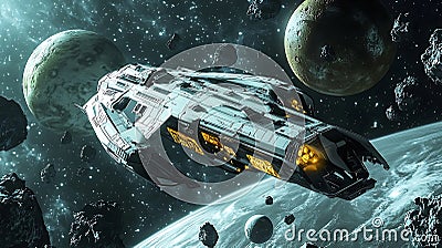 Futuristic spaceship exploring outer space, asteroid field backdrop Cartoon Illustration
