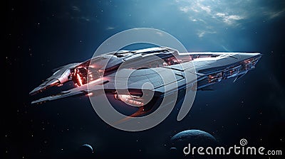 Futuristic spaceship flying in deep space. Stock Photo