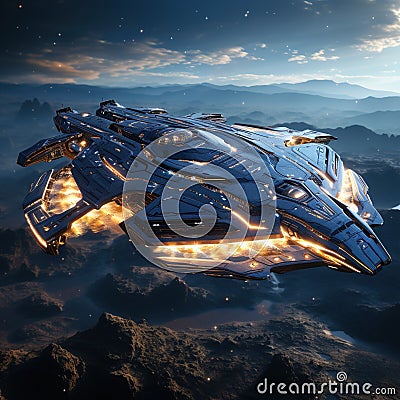 Futuristic spaceship flying in deep space. Stock Photo