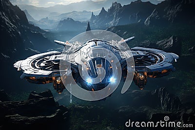 Futuristic spaceship flying in deep space. Stock Photo