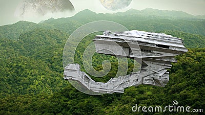 Futuristic spaceship flying over the surface of an alien world, exo planet exploration 3d science fiction space illustration Stock Photo