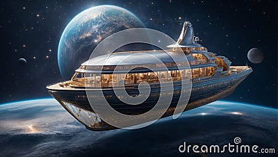 Futuristic spaceship hotel carrying passengers in space. Modern retro technology concept. Stock Photo