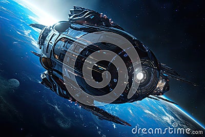 Spaceship leaving planet. Generative AI Stock Photo