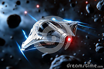 Futuristic spaceship navigating through an asteroid field in deep space, showcasing advanced technology and cosmic exploration Stock Photo