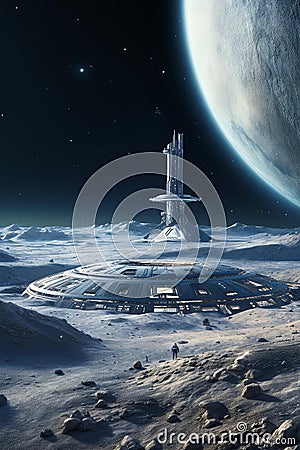 Futuristic Spaceship Soaring Above Moonlit Barren Landscape Cartoon Illustration