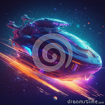 Futuristic Spaceship Traveling Through Neon-Lit Galaxy Stock Photo