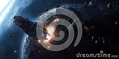 Futuristic spaceship using laser beams to destroy asteroid near a planet, preventing potential impact and saving civilization in Stock Photo