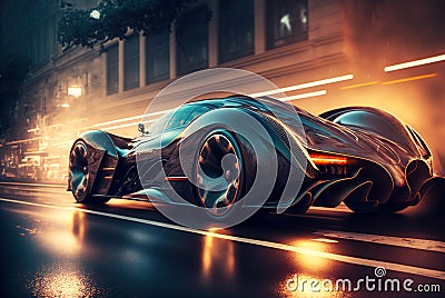 Futuristic sport car drives on city street at night, luxury car moves fast, generative AI Stock Photo