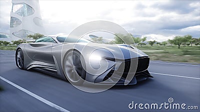 Futuristic sport car very fast driving on highway. Futuristic city concept. 3d rendering. Stock Photo