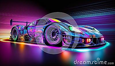 Futuristic sports car brightly lit by night neon lights. Stock Photo