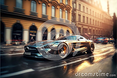 Futuristic sports car drives fast on city street, luxury shiny auto at sunset, generative AI Stock Photo