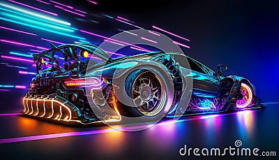 futuristic sports car with neon lights. Modern background. AI generated Stock Photo